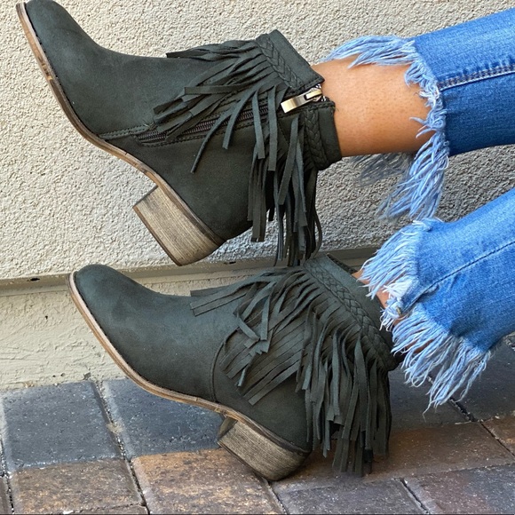Olive Green Western Boho Braid Fringe Ankle Boots - Picture 6 of 13